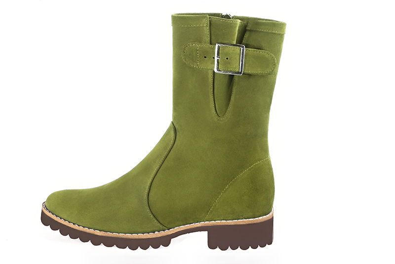 Pistachio green women's ankle boots with buckles on the sides. Round toe. Flat rubber soles. Profile view - Florence KOOIJMAN
